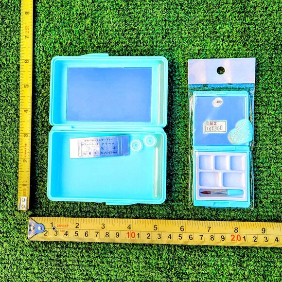 Japanese VTG Retro Aqua Compact Makeup Mirror+Brush Palette Holder Case 2-pc Set - Picture 3 of 4
